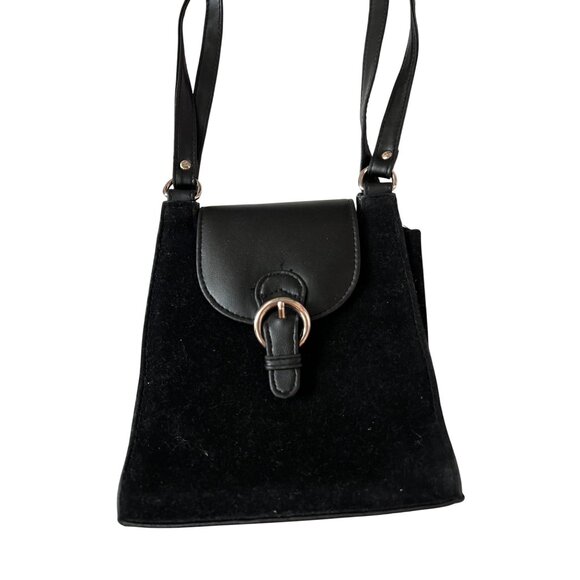 Black Velvet & Faux Leather Mini Shoulder Bag With Silver Snap Closure - Picture 2 of 4